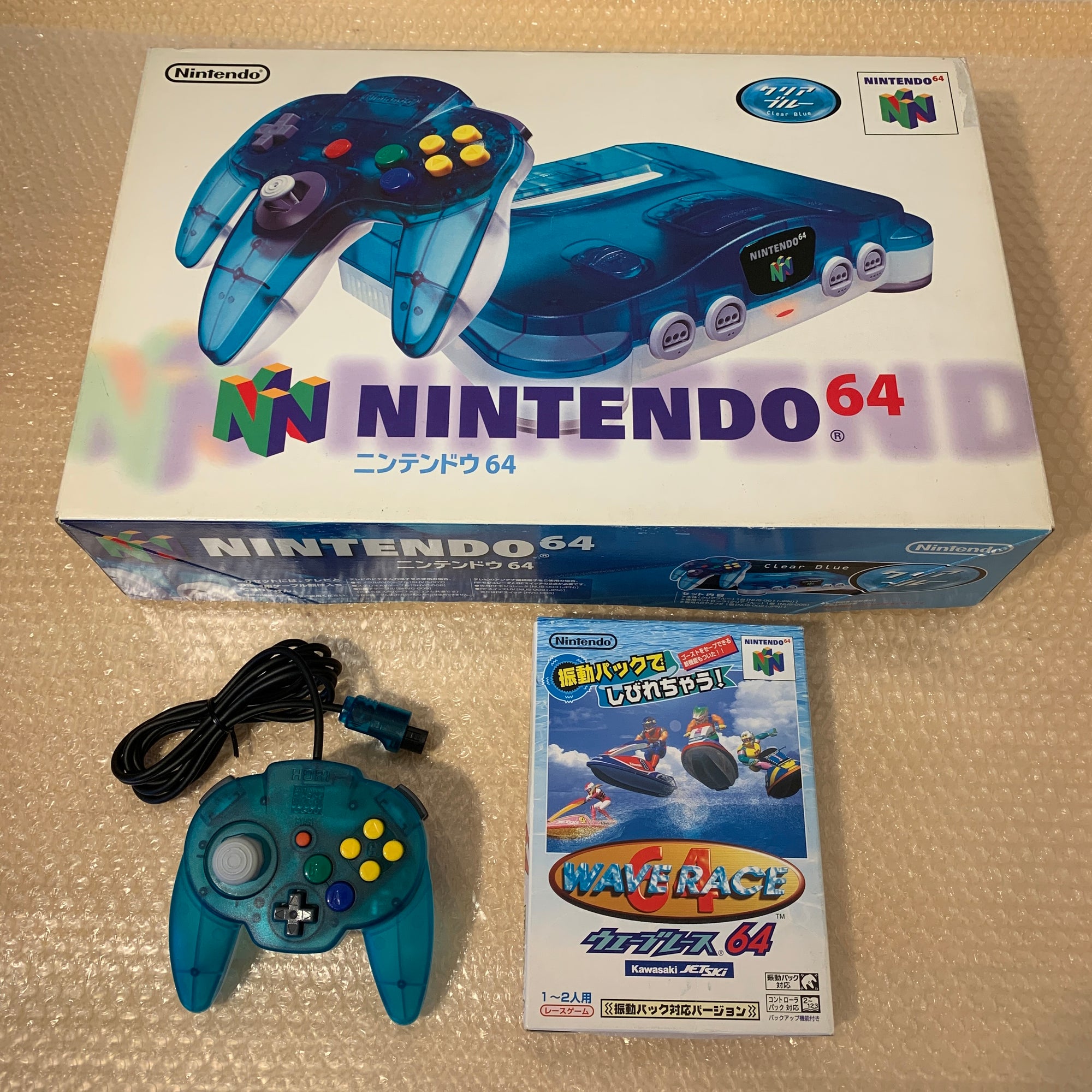 Boxed Clear Blue Nintendo 64 set with N64Digital kit - compatible with JP and US games